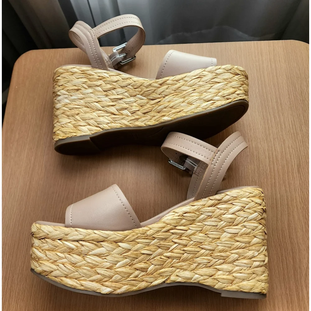 Marc Fisher Women Braided Raffia Chunky Platform Sandals 9.5 M Tan Beige